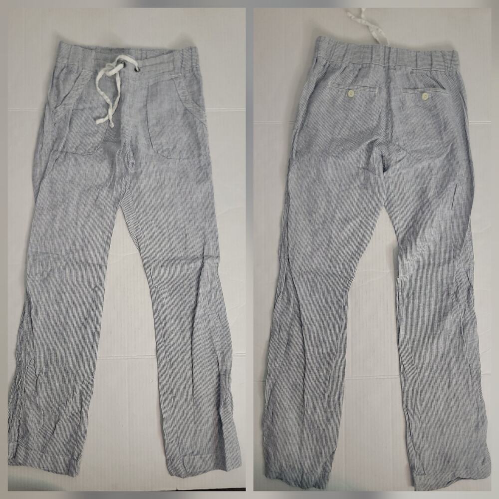 Athleta Cabo Linen Pants SZ 0 Stright Leg Striped Elastic Waist Coastal Beachy